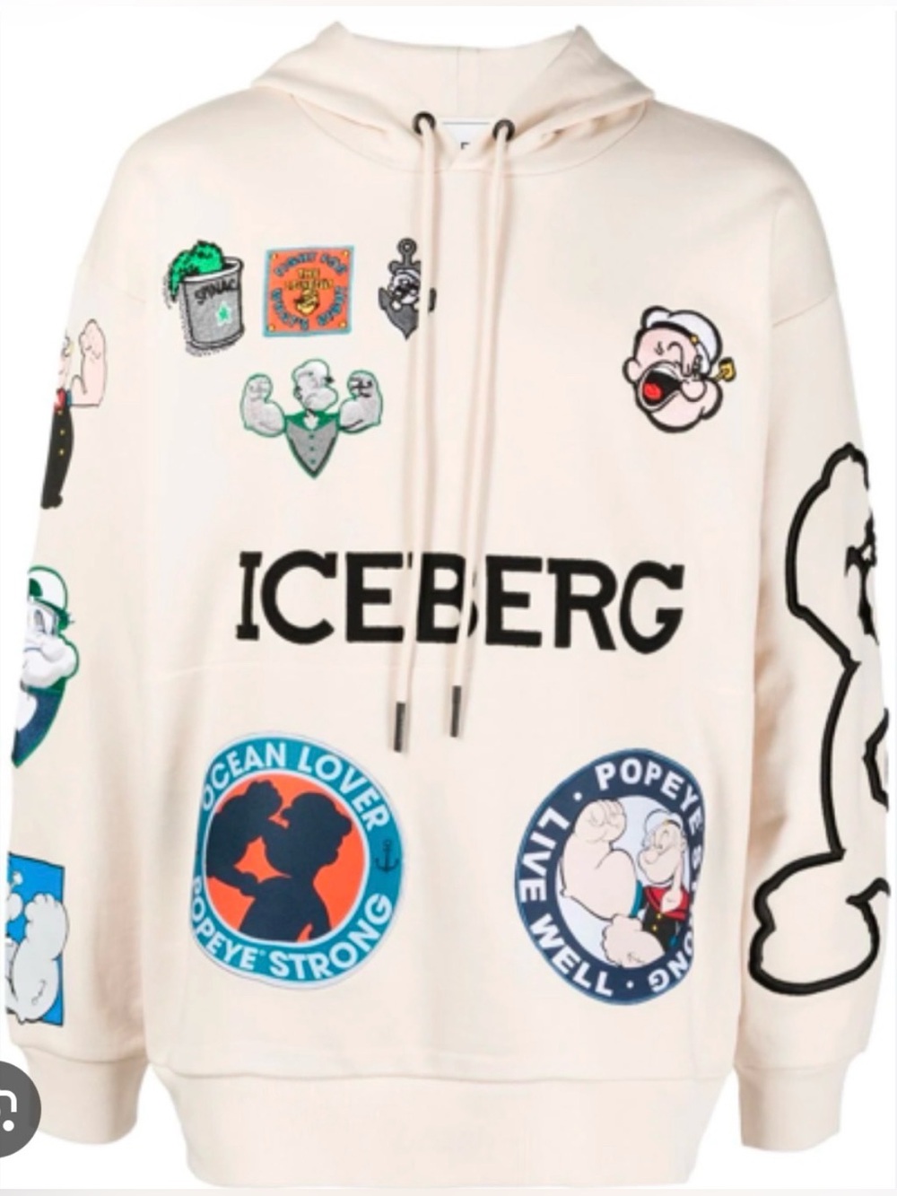 Vintage Iceberg Cream Graphic Hoodie with Multicolor Popeye Patches